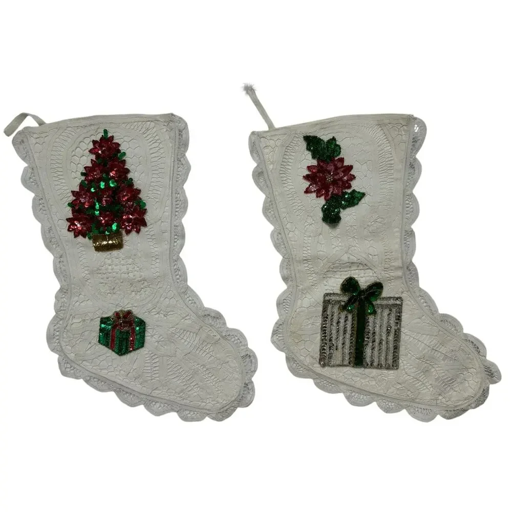 APRIL CORNELL Christmas Stocking Decoration White Lace Sequin Appliqués Set of 2